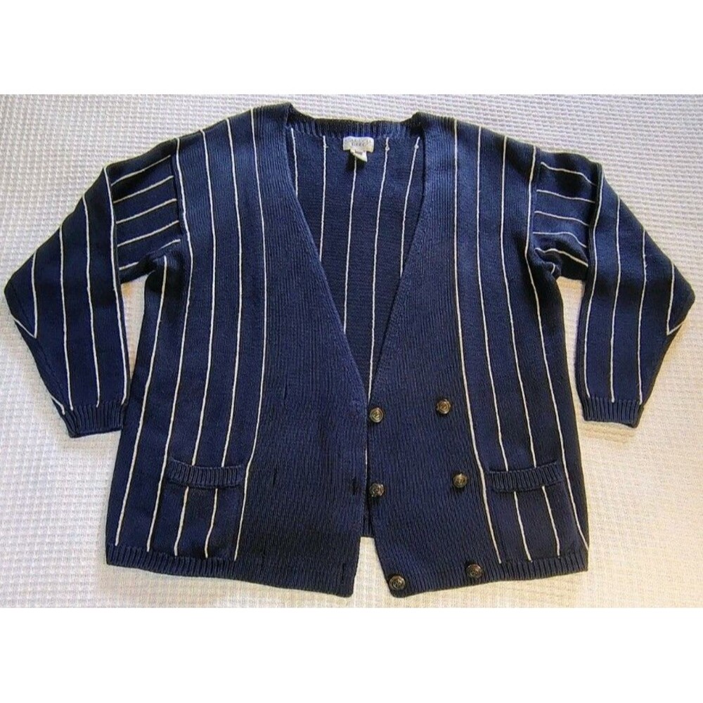 Vintage Carroll Reed Navy Blue White Striped Button LS Cardigan Sz XL Grannycore